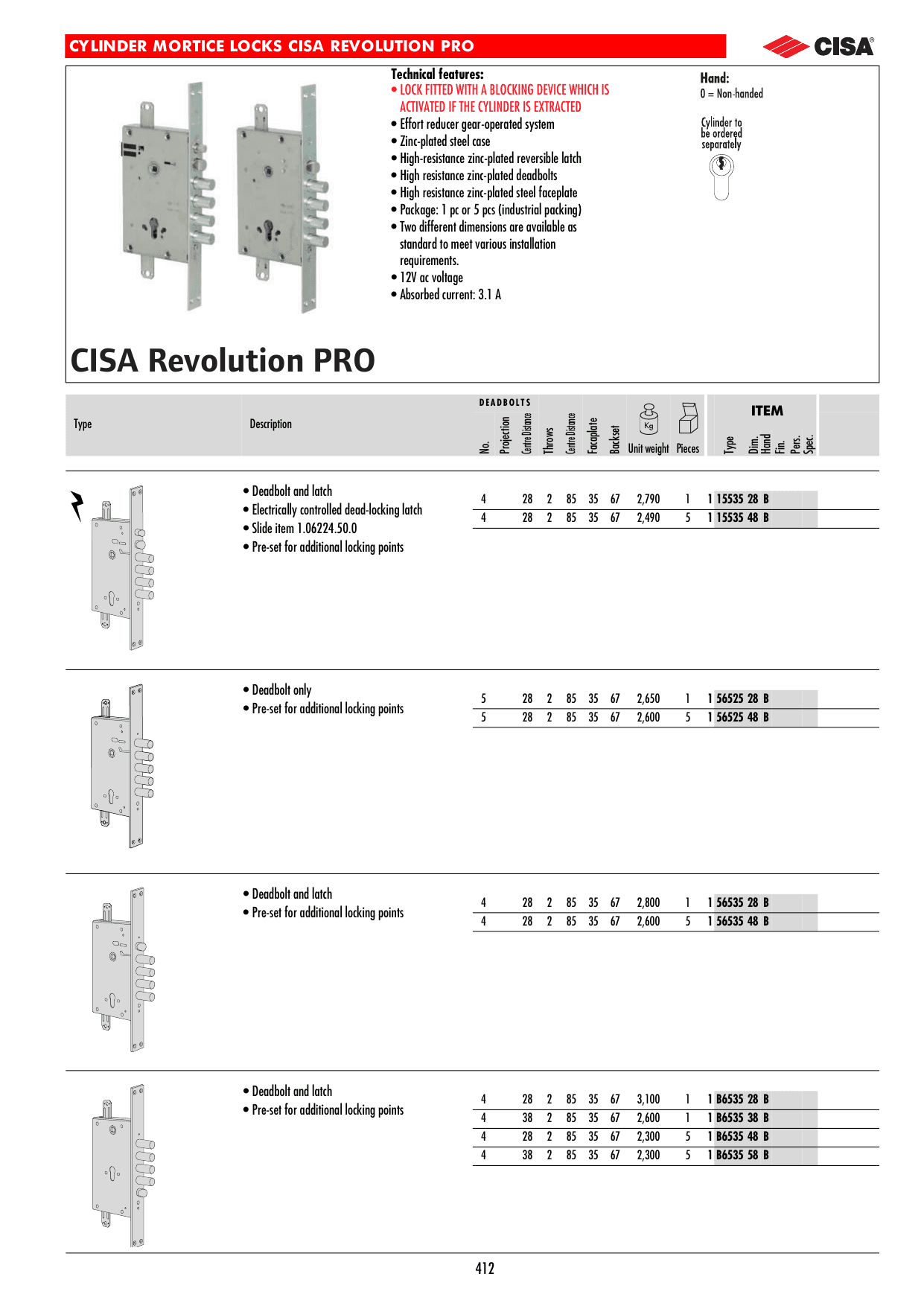 Замок електромеханічний врізний CISA Revolution PRO — технічний кресленик з каталогу CISA