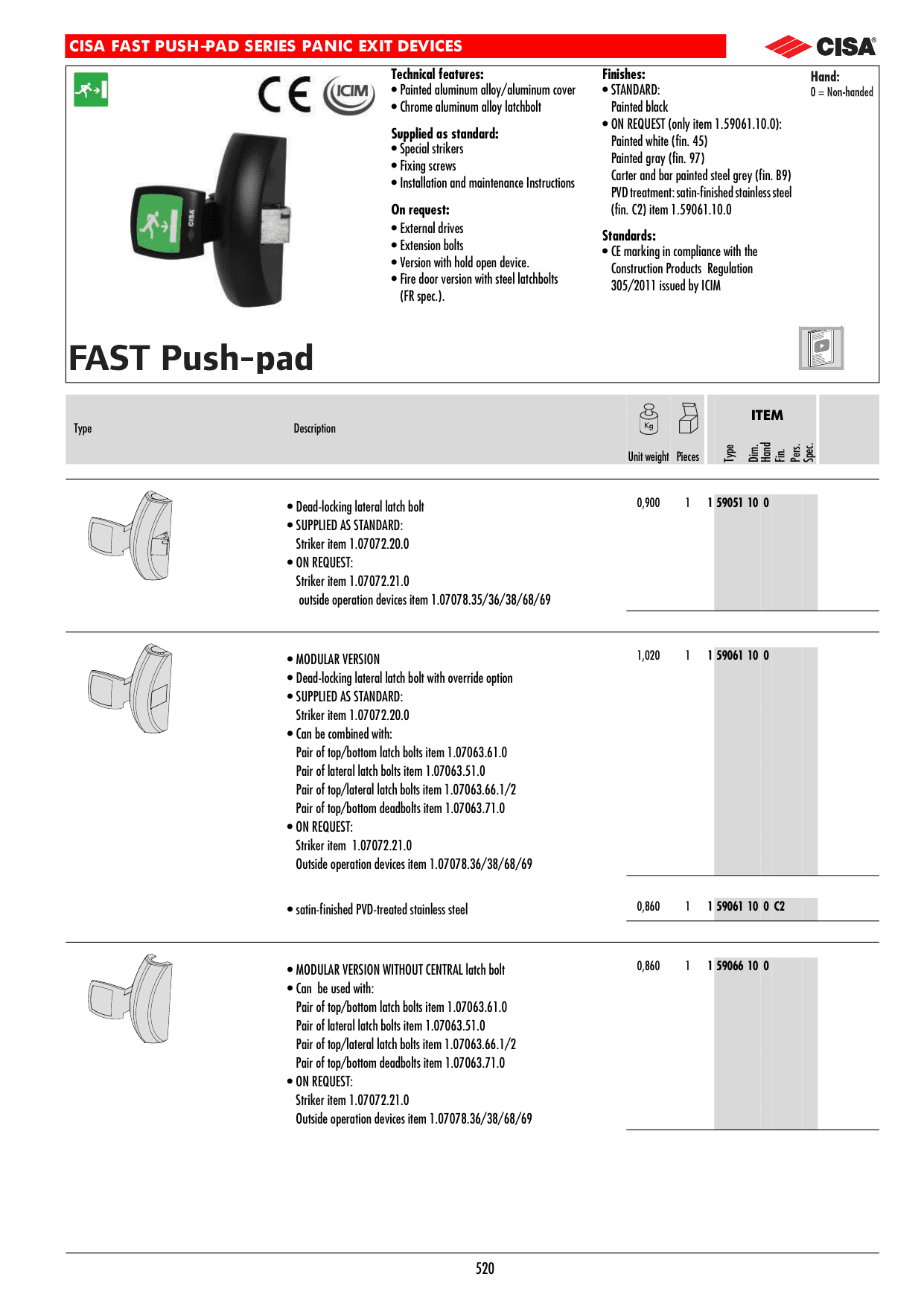 CISA FAST Push-Pad — антипаніка 1.59061.10.0.00 — технічний кресленик з каталогу CISA