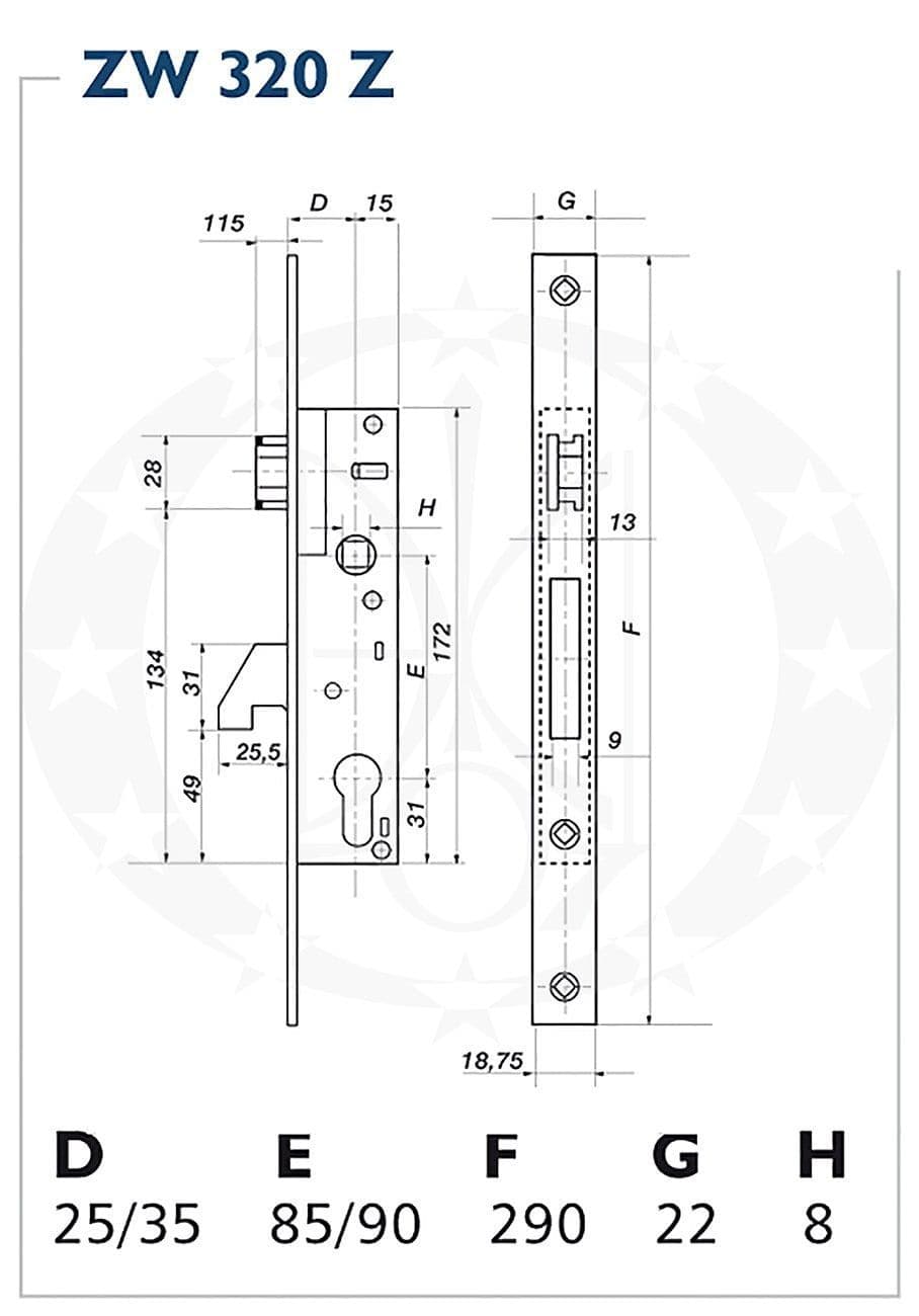 Механізм GERDA ZW320 Z 90/35 PZ — кресленик і монтажні розміри
