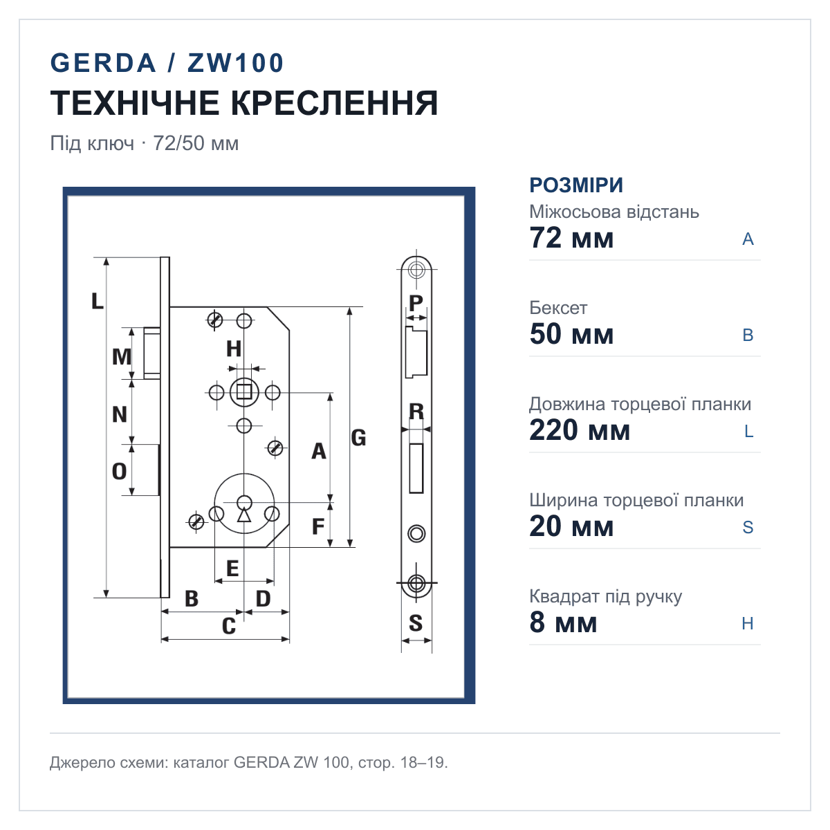 Технічне креслення замка GERDA ZW100 72/50 KEY, розміри