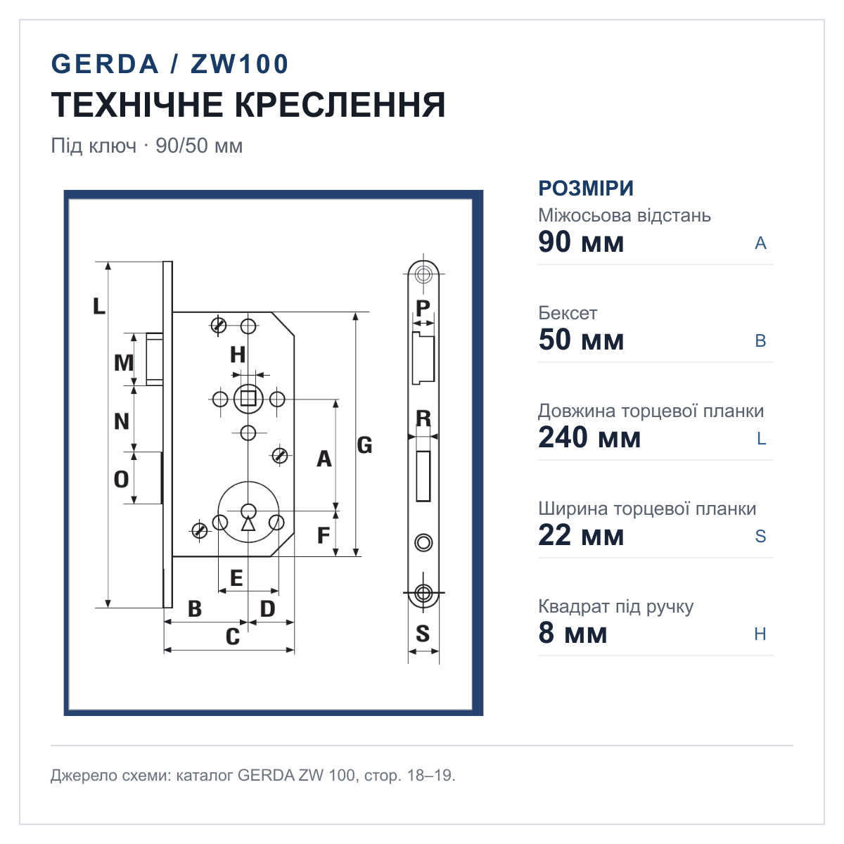 Технічне креслення замка GERDA ZW100 90/50 KEY, розміри