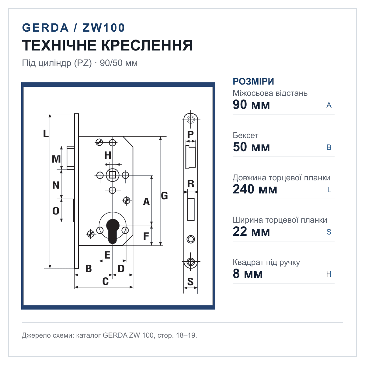 Технічне креслення замка GERDA ZW100 90/50 PZ, розміри