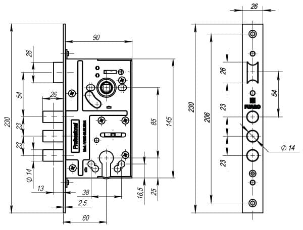 Розмірний кресленик Замок FUARO MDV10/C-60.85.3R14