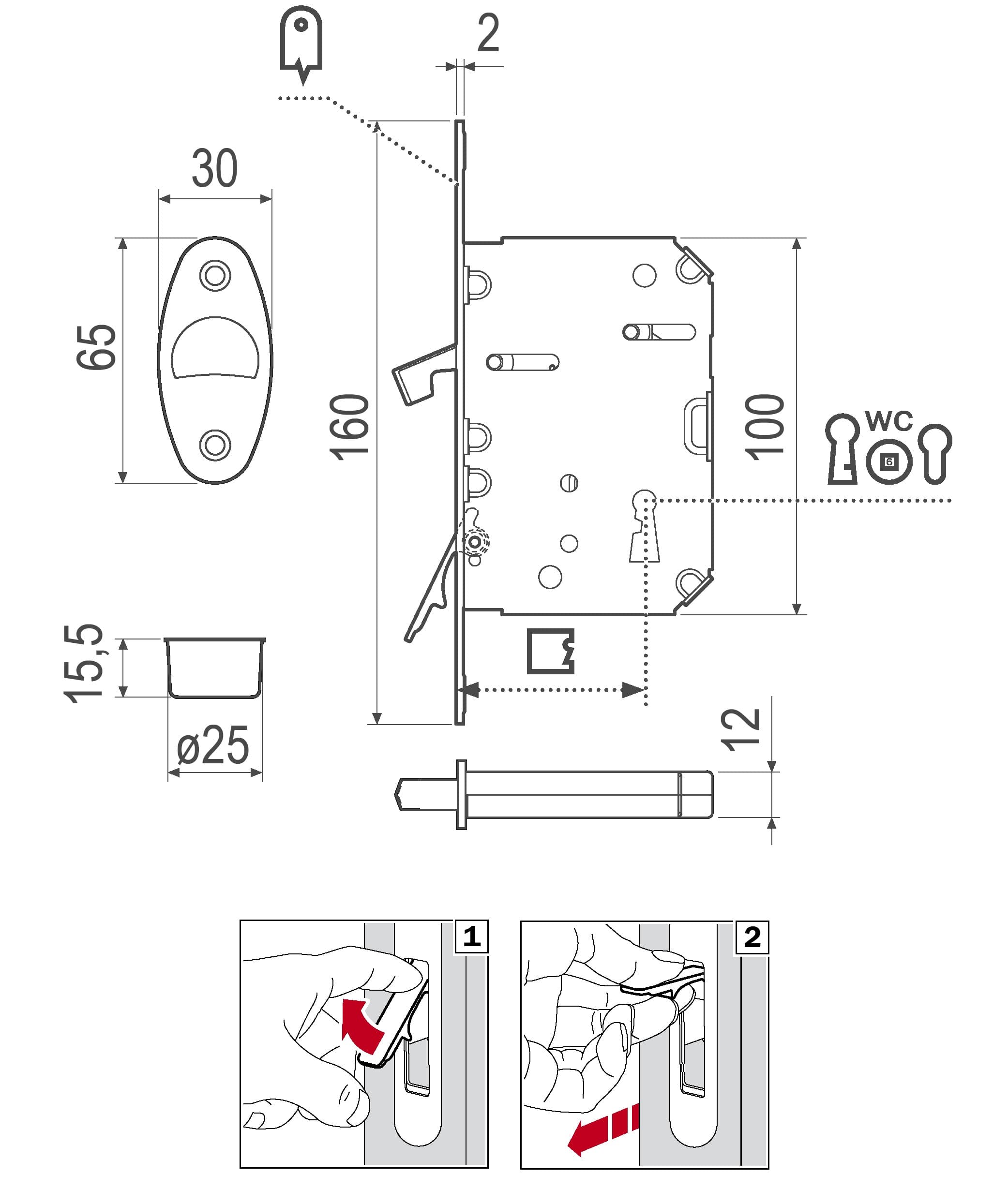 AGB Scivola Тre Class kit A, набір замок/кв.ручка для розсувних дверей, латунь — креслення з розмірами