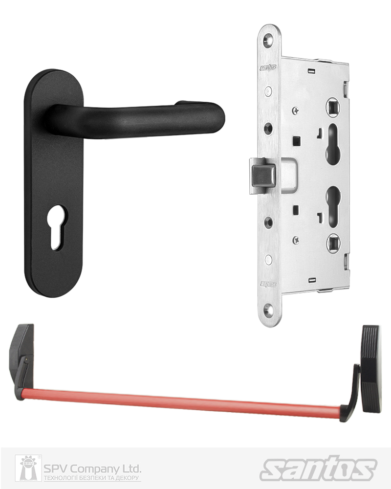 Комплект SANTOS для евакуаційного виходу 1300LS 1 Locking BLACK/RED 900мм 9x9мм із замком J530-T та ручкою 1919-ROUND Black mov