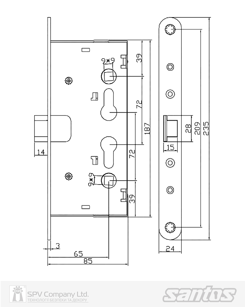 Комплект SANTOS для евакуаційного виходу 1300LS 1 Locking BLACK/RED 900мм 9x9мм із замком J530-T та ручкою 1919-ROUND Black mov — фото 10