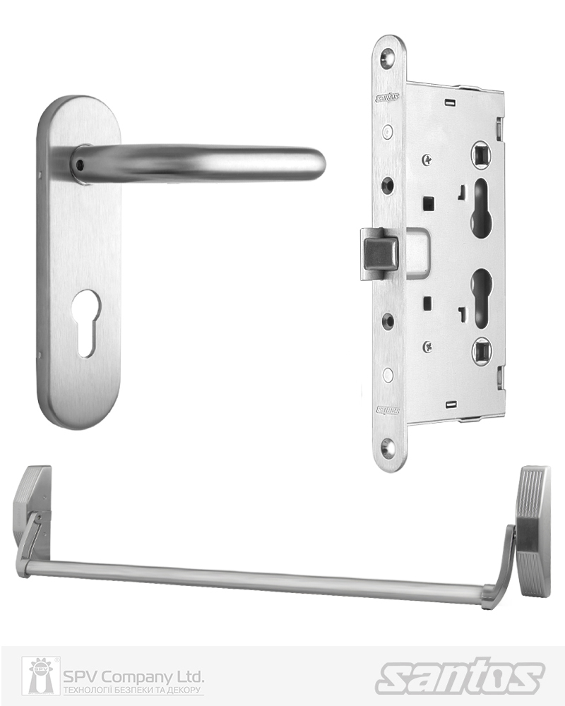Комплект SANTOS для евакуаційного виходу 1300SS-3 1 Locking SATIN NICKEL/STAINLESS STEEL 900мм 9x9мм із замком J530-T та ручкою B002SS mov