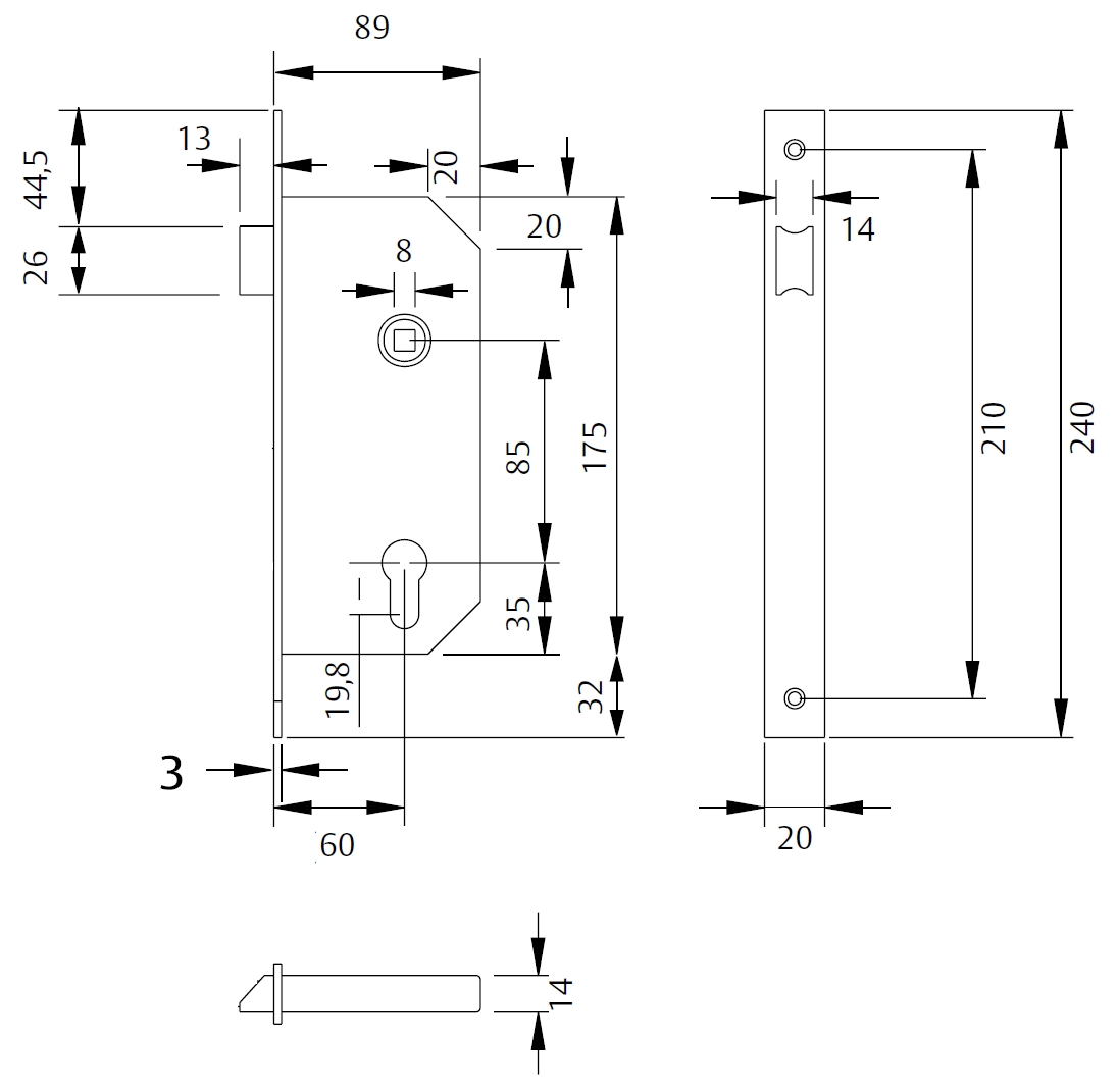 Замок TESA для активної стулки врізний 4039Т 1 Locking BS60мм 85мм I 8x8мм RIGHT, PANIC FUNCTION, 20 мм Rounded — фото 2