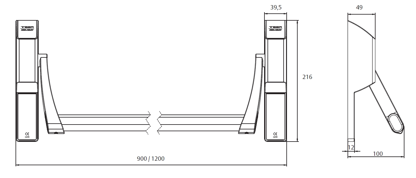 Ручка TESA для евакуаційного виходу врізний GLOBAL1E II 900мм 9x9мм I: stainless steel / I: stainless steel для електромеханічних замків ABLOY — фото 7